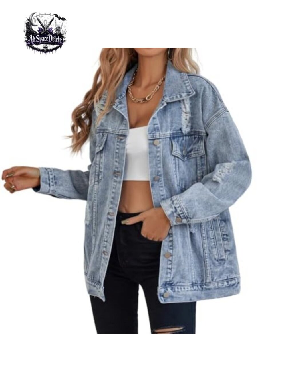 Oversize Denim Jacket Ripped Boyfriend Trucker Coat Long Sleeve